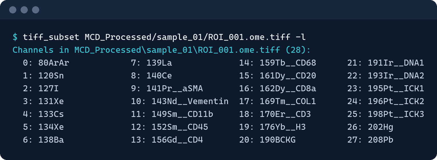 Terminal output of tiff_subset -l: a file's channels with their indices