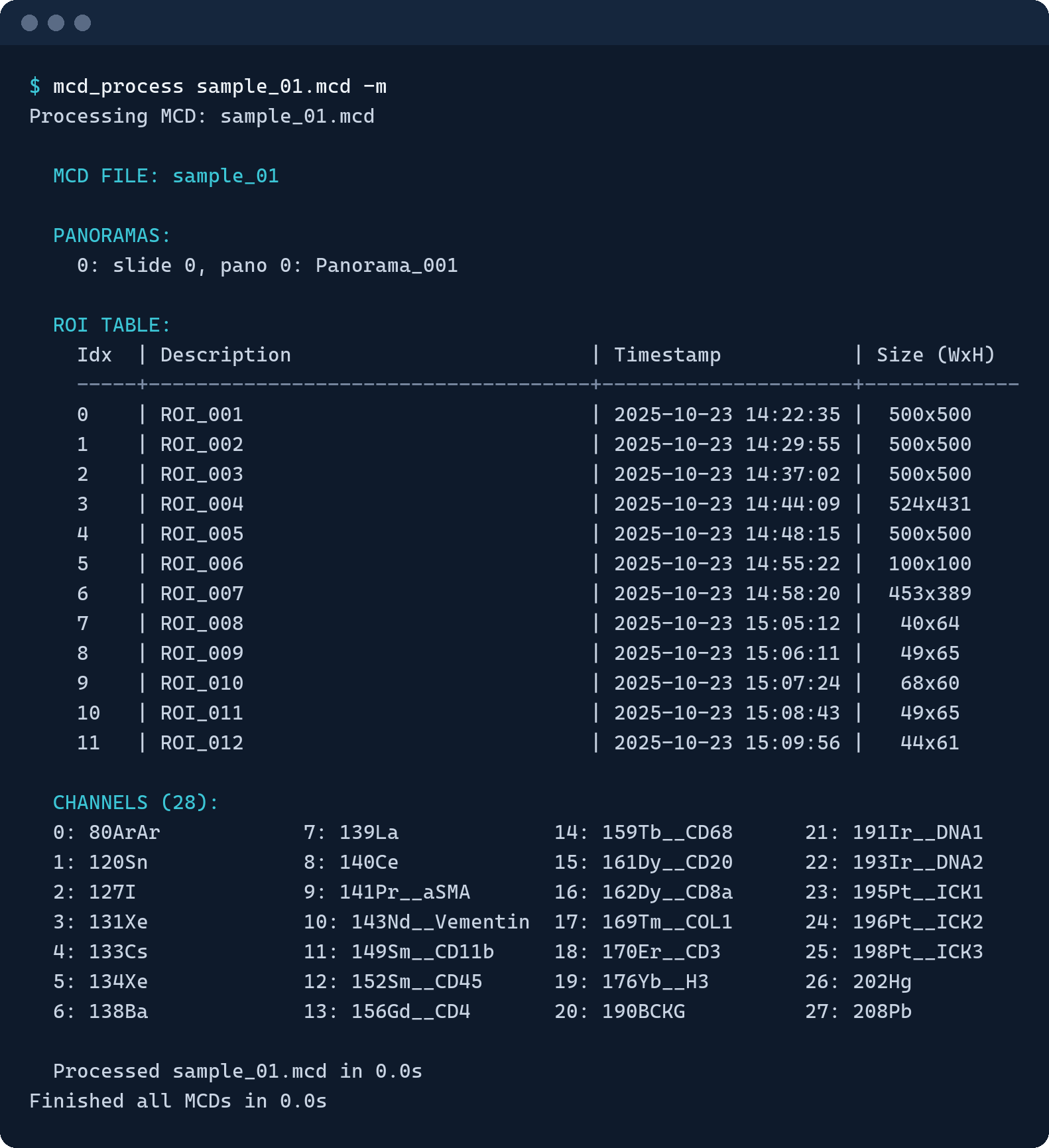 Terminal output of mcd_process -m: the panoramas, the region table and the indexed channel list