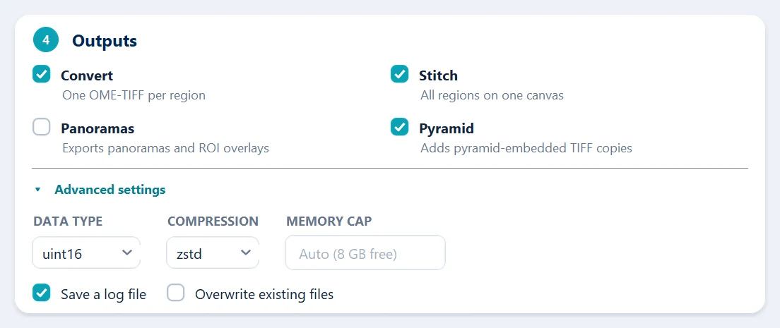 The Outputs card with Advanced settings open